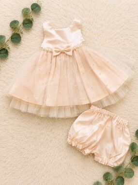 American Princess Pale Peach Satin Baby Dress with Bow